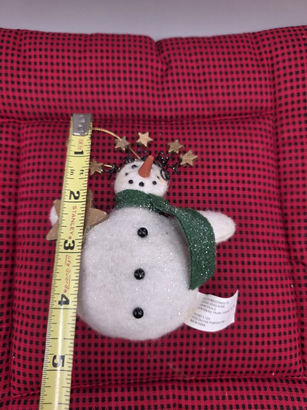 Vintage Regal Industries Plush Snowman Christmas Ornament Metal Halo Stars Tag